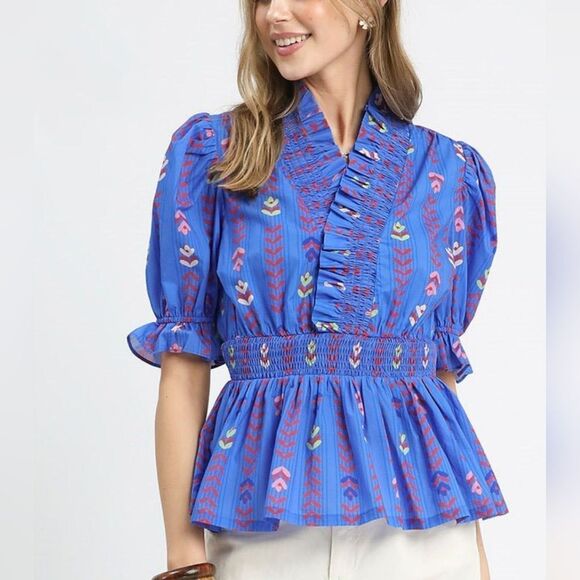 Umgee USA  Printed Half Sleeve Peplum Blouse Vibrant Blue CottageCore S M L - Picture 4 of 5